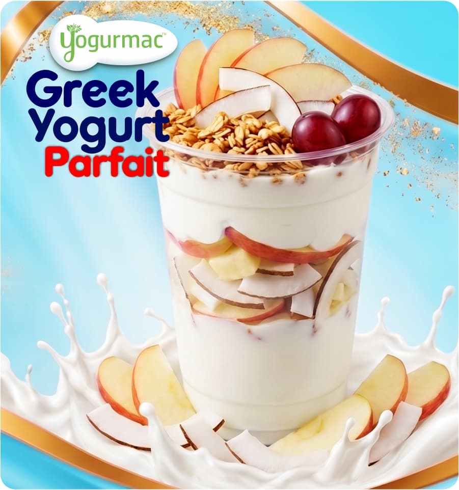 Yogurmac Greek yogurt parfait with apple, coconut and granola